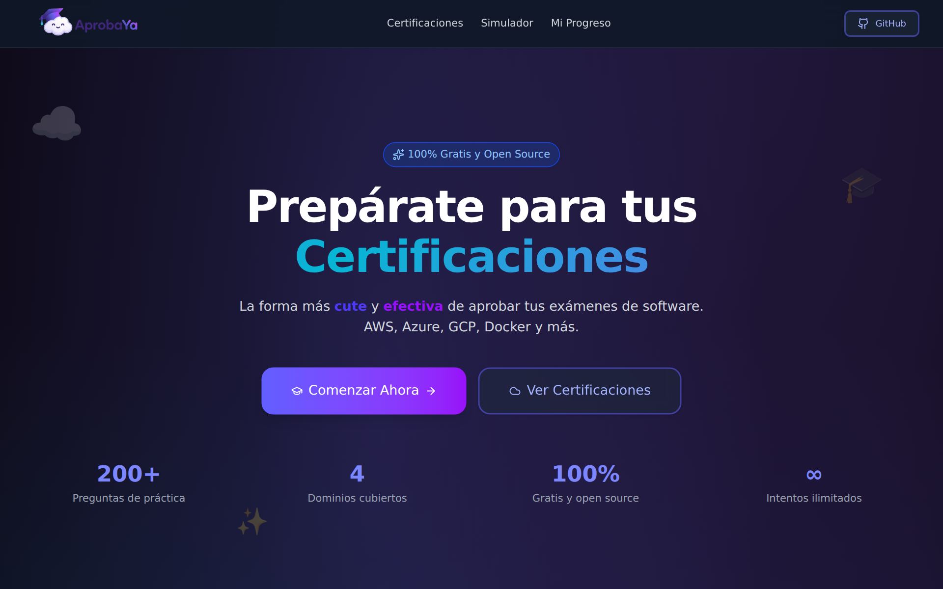 AprobaYa landing page: free, open-source preparation for cloud certification exams.